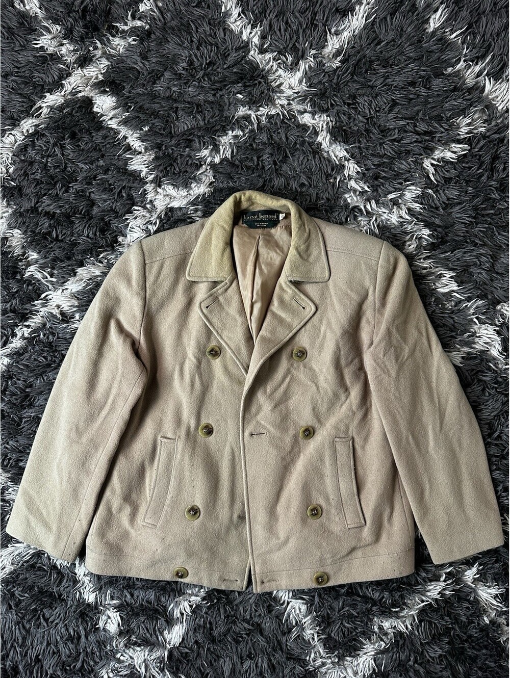Vintage 80s Harve Benard Wool Pea Coat Womens 10 Tan Double Breasted Jacket